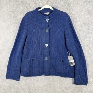 NEW Habitat Brick Stitch Cardigan Size M Sapphire Blue Stand Up Mock Neck Button